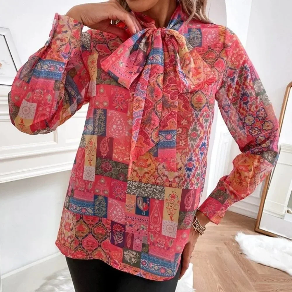 Boho Patchwork long Sleeve Tie Neck Blouse Multi color - Picture 4 of 10